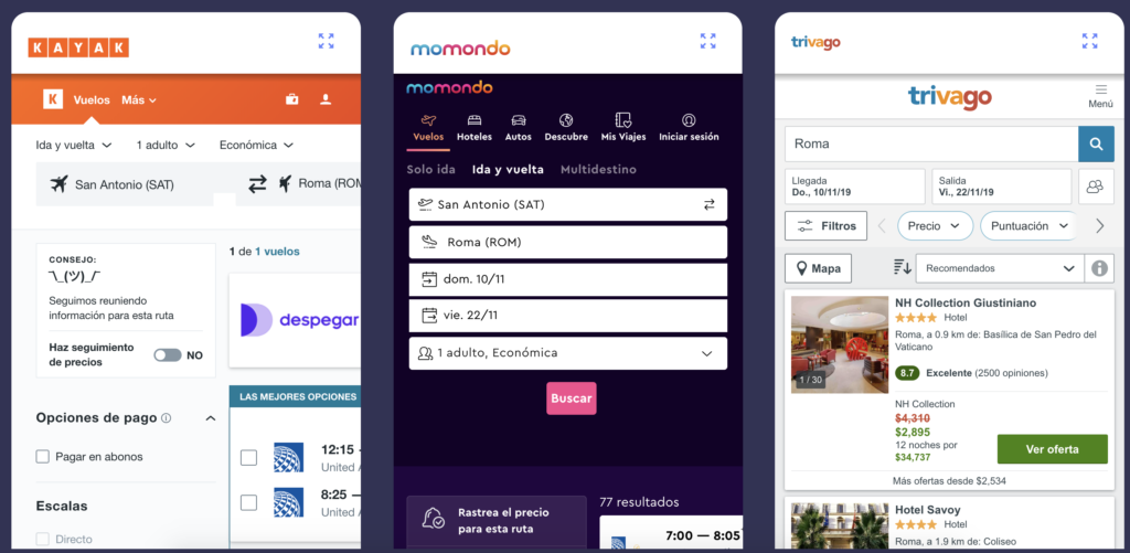 Kayak, momando and trivago apps previews