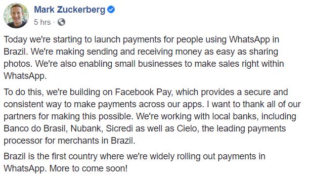 whatsapp de facebook debuta servicio de pago en brasil